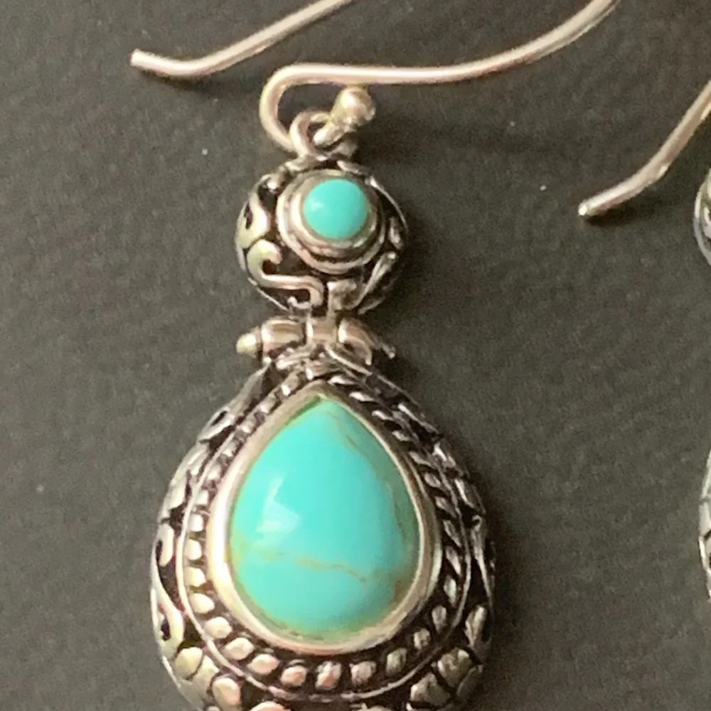 Turquoise 925 Sterling Silver Handmade Teardrop Earrings, - Picture 2 of 4